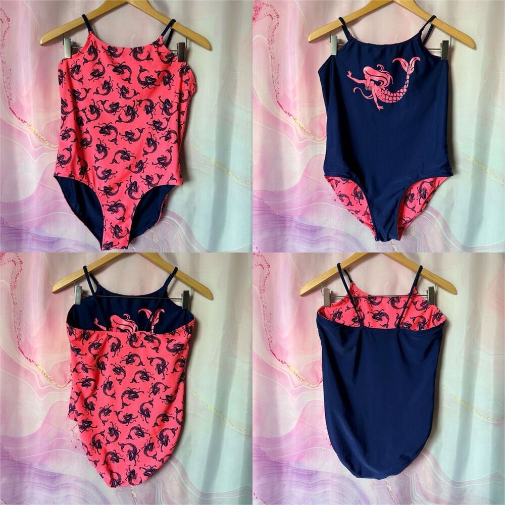 Hot Pink Navy Blue Reversible Mermaid Swimsuit Girls XXL Preppy Artsy Boardwalk